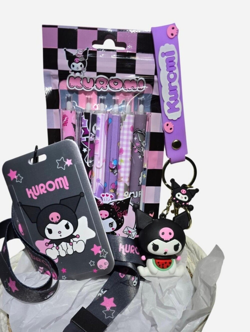 Kuromi Bundle ID Badge Holder/Lanyard, Pen Set, & Kuromi Watermelon Keychain NEW